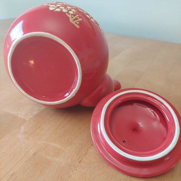 Red teapot with cherry blossom design in white with tan accent bamboo handle - Picture 11 of 12